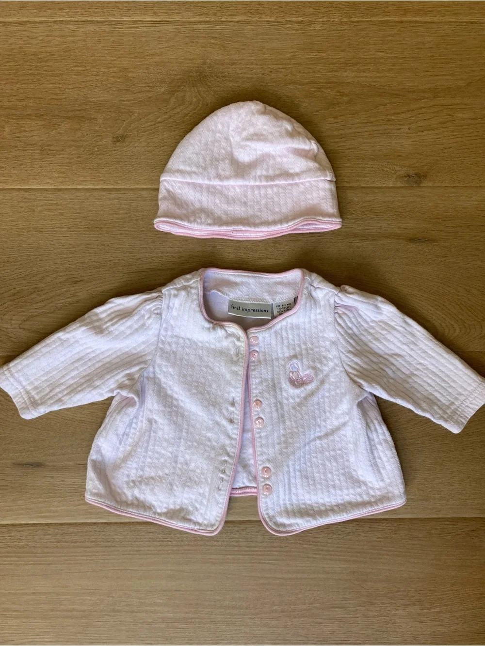 First Impressions Vintage Light Pink Quilted Baby Cardigan Jacket & Hat Set
